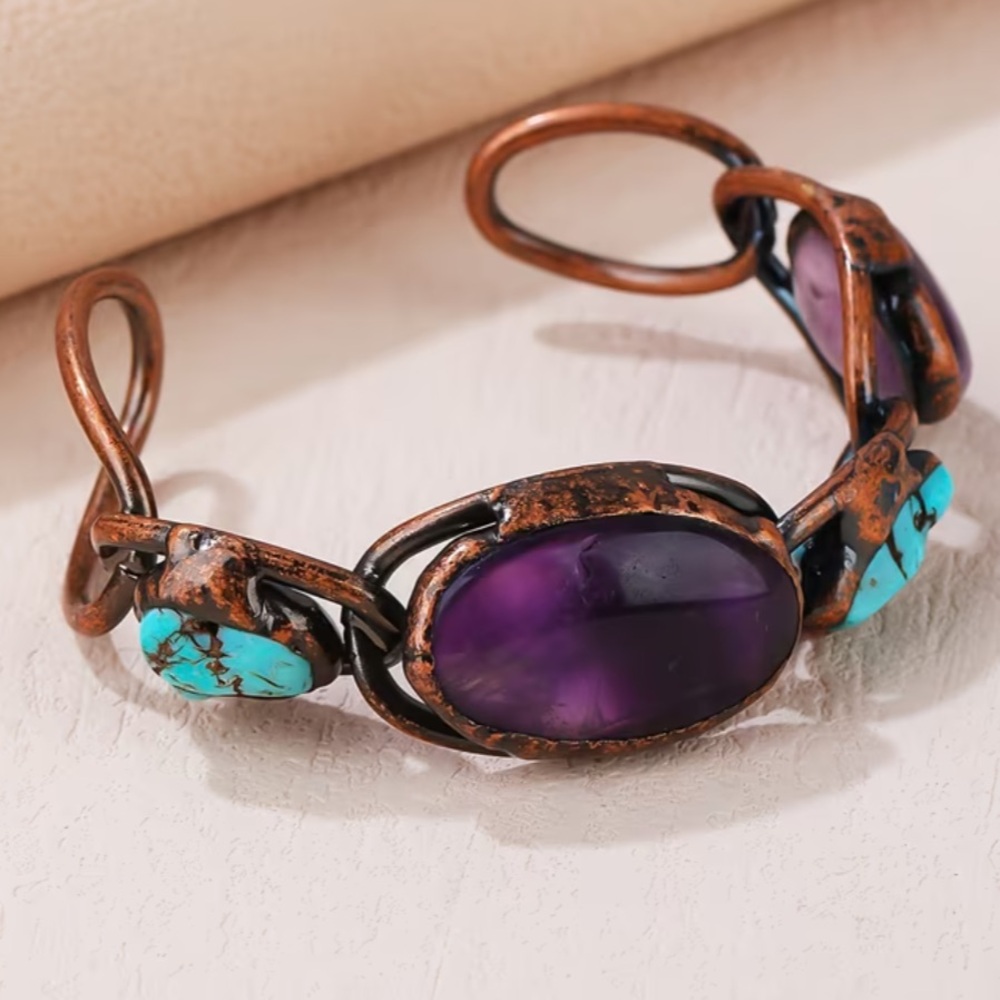 Turquoise and Amethyst bronze Bracelet - Picture 7 of 12